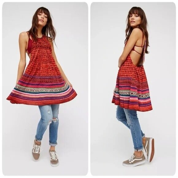 Free People Rare Hearts Knit Crochet Dress/Tunic XS Coverup Boho Hippie Beach - Picture 1 of 12